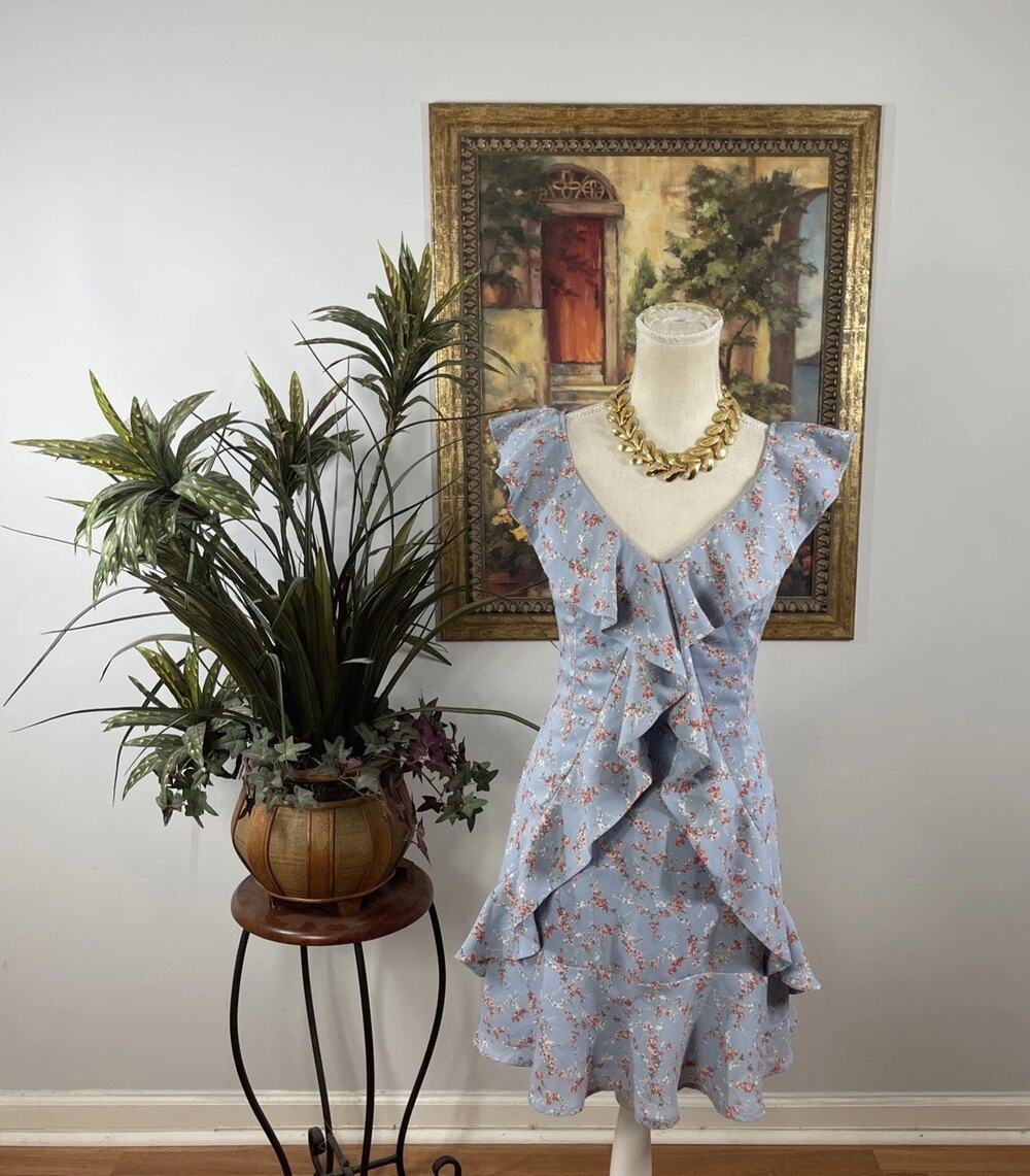 Lulus XS Blue Floral Ruffle Dress Sleeveless V Neck Fit & Flare Mini Dress